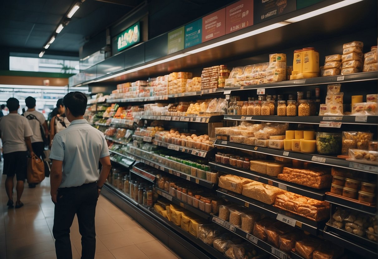 A crowded store with colorful promotional banners and shelves stocked with various food items in Singapore