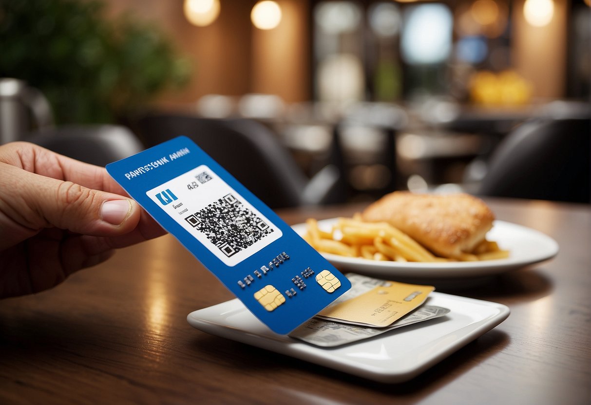 A person enjoying a meal with a bank card and promotional flyer on the table, showcasing the benefits of pairing dining with personal banking privileges