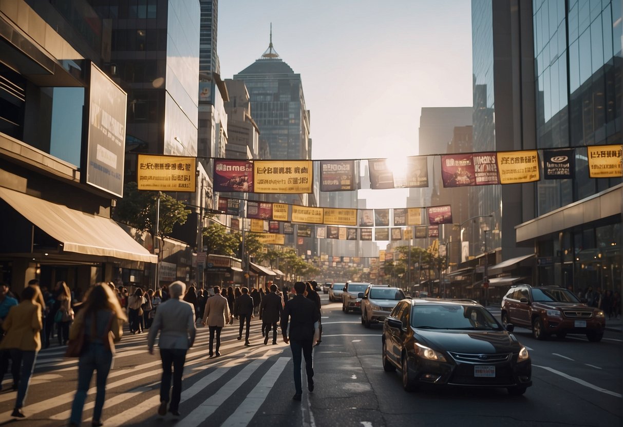 A bustling city street with colorful promotional banners adorning the facades of buildings, while people pass by and traffic flows through the busy intersection