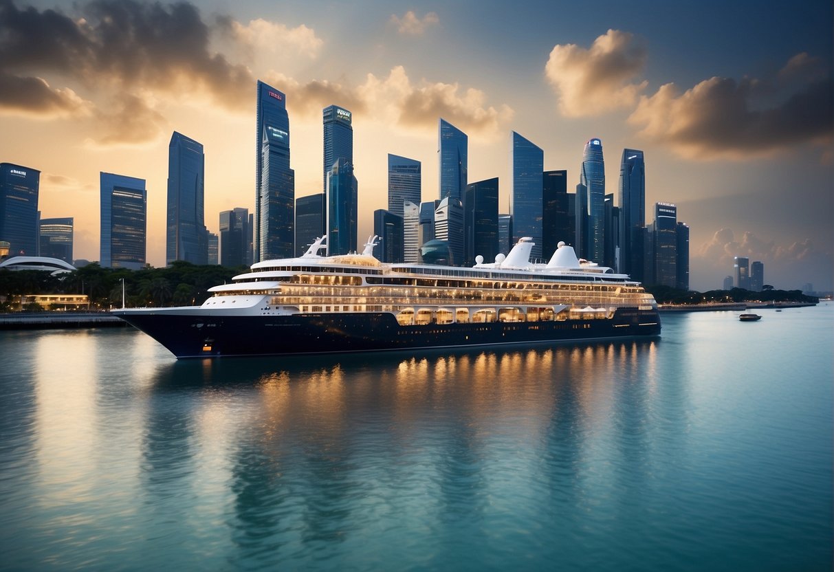 A luxurious cruise ship sailing through the sparkling waters, with the iconic skyline of Singapore in the background. The ship is adorned with banners displaying the latest promotions