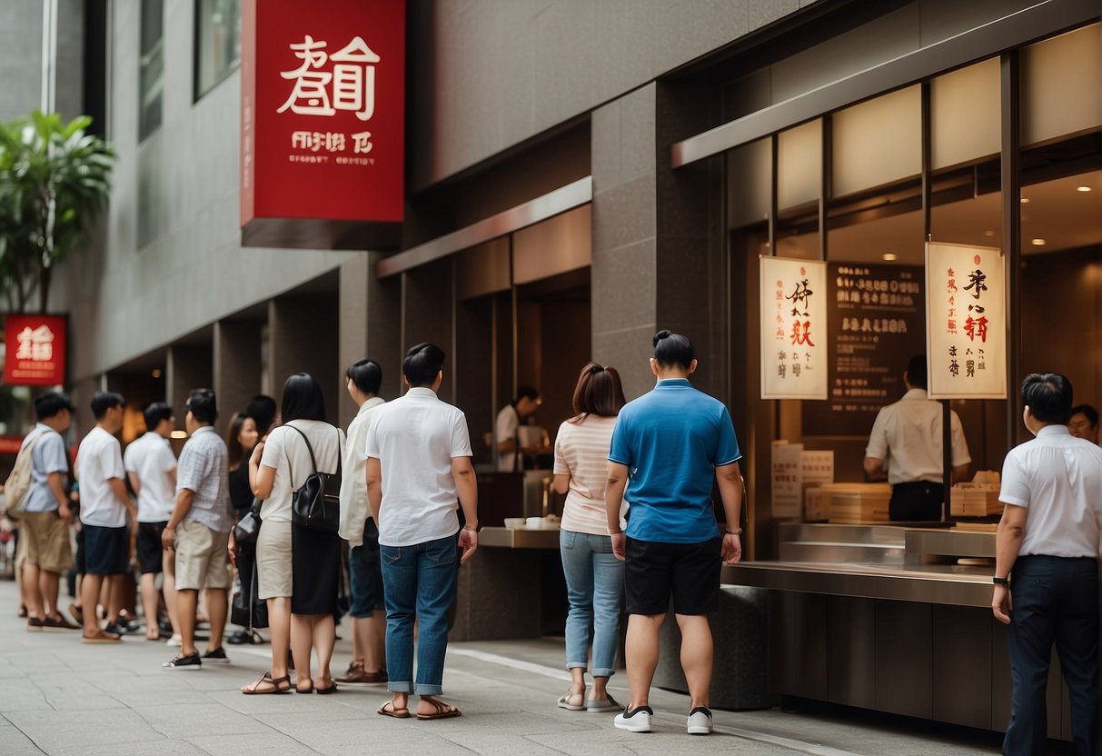 Customers lining up outside a bustling Din Tai Fung restaurant in Singapore, with promotional signs and banners displayed prominently