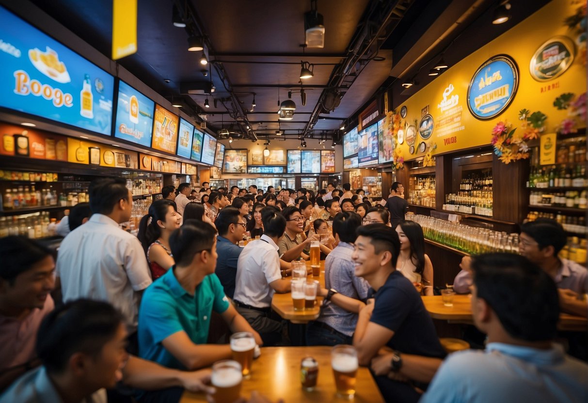 A vibrant scene of beer promotions in Singapore, with colorful banners, overflowing beer glasses, and enthusiastic customers enjoying the lively atmosphere
