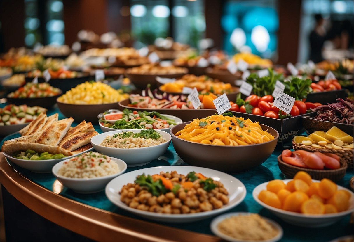 A colorful buffet spread with a variety of dishes and beverages, adorned with eye-catching promotional signs and banners for the 2024 catering promotions in Singapore
