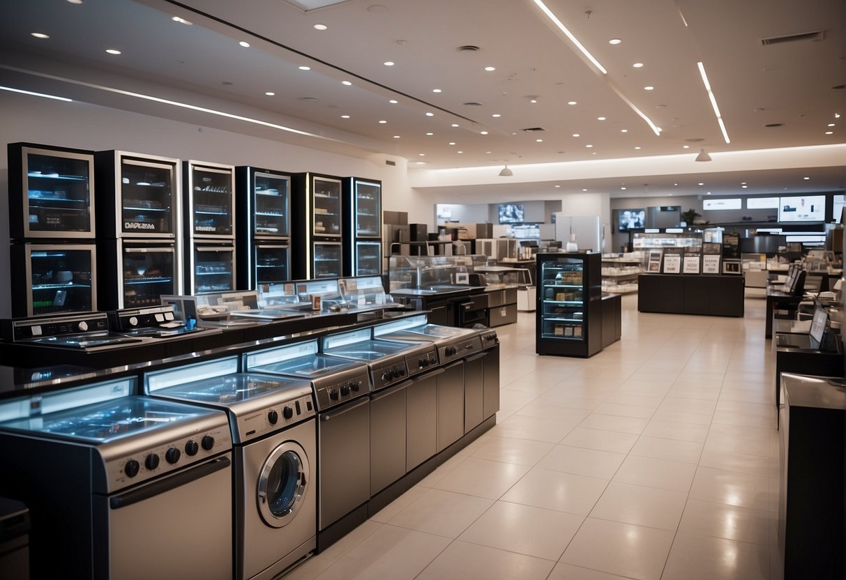 A brightly lit showroom displays 2024 home appliances with "Exclusive Deals" signs. Customers browse while staff assist