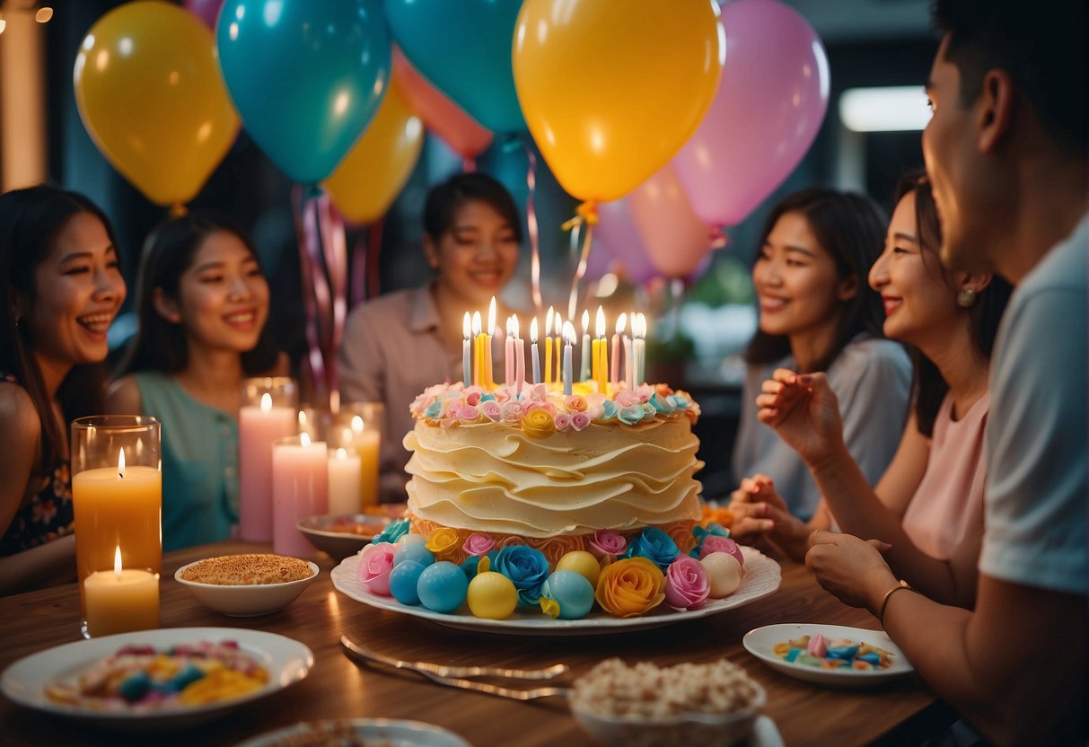 Colorful balloons and streamers adorn a festive party table with a birthday cake and gifts, surrounded by happy customers enjoying special promotions in Singapore