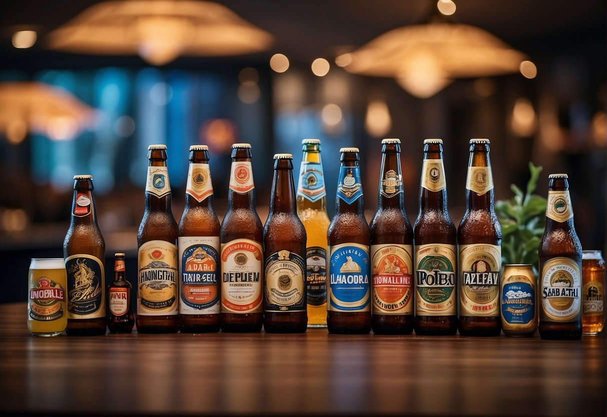 A table adorned with various beer brands and promotional materials, with a backdrop displaying the "2024 Promotions Overview" in Singapore