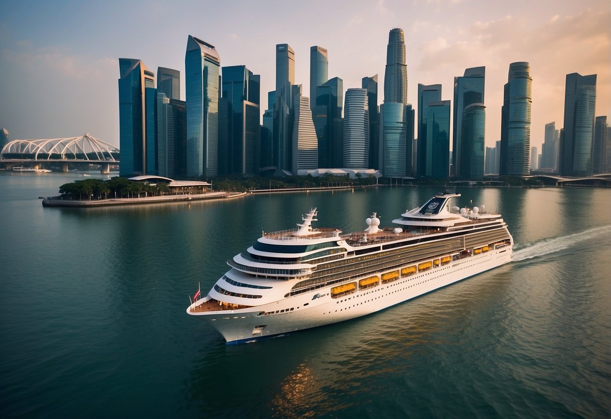 A luxurious cruise ship sailing through the sparkling waters of Singapore's harbor, with iconic landmarks like the Marina Bay Sands and the Merlion statue visible in the background