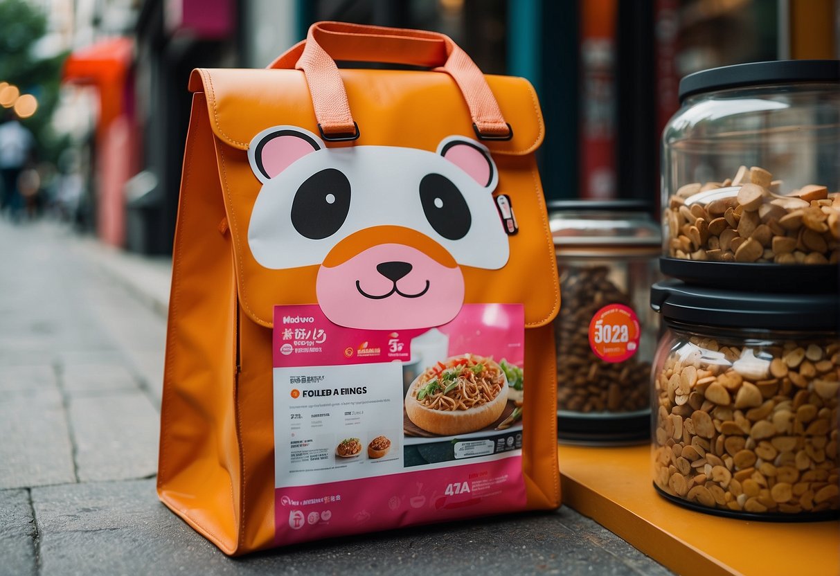 A colorful foodpanda delivery bag surrounded by various promotional items like discount vouchers and flyers in a bustling Singaporean street