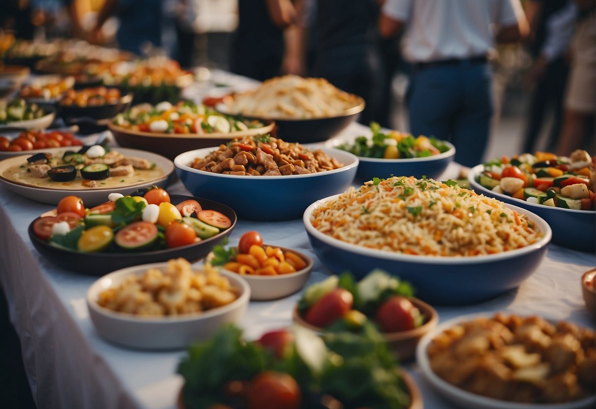 A colorful buffet spread with a variety of dishes, surrounded by happy customers enjoying their meals at a lively event