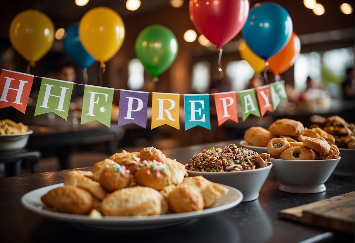 Colorful birthday banners hang above a table filled with delicious food deals, surrounded by happy customers enjoying the festive atmosphere