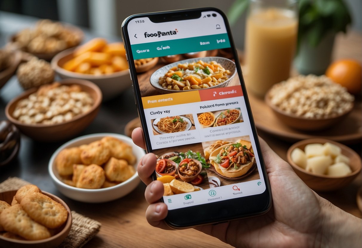 A colorful banner with "Current Foodpanda Promotions" displayed on a smartphone screen, surrounded by various food items and a happy customer review