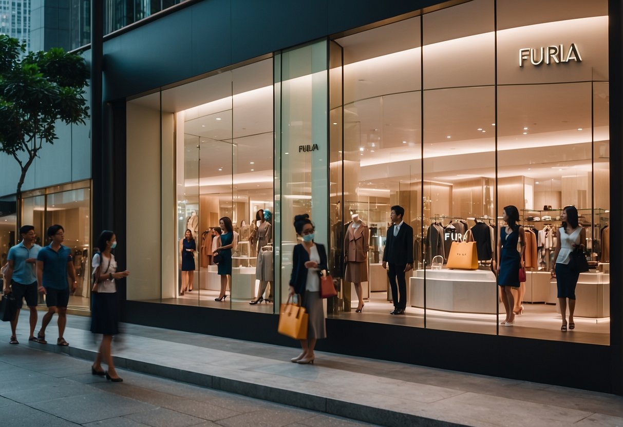 Vibrant Furla storefront in Singapore with eye-catching promotions displayed in the windows and a crowd of shoppers passing by
