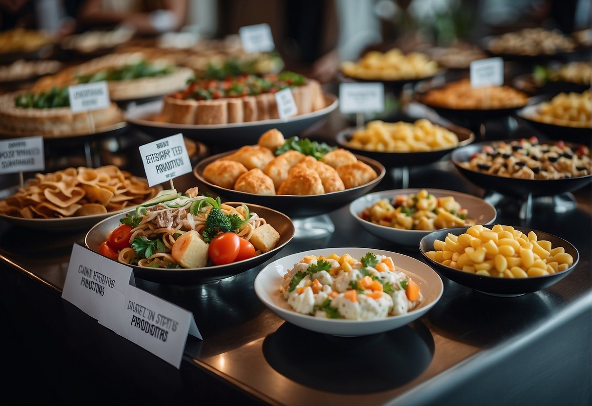 A buffet table with various food items and signage promoting catering promotions in Singapore