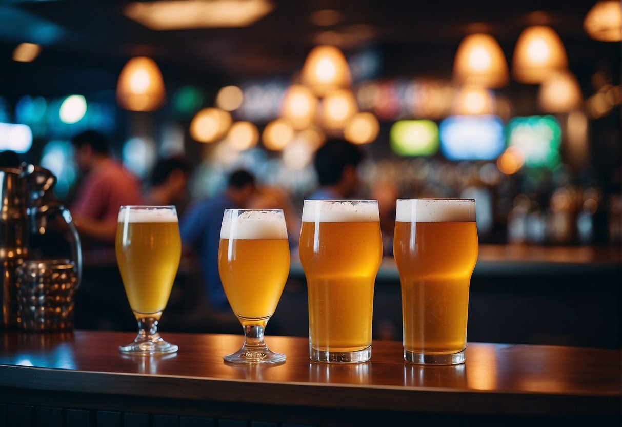 A vibrant bar scene with colorful beer promotions and appetizing culinary delights in Singapore