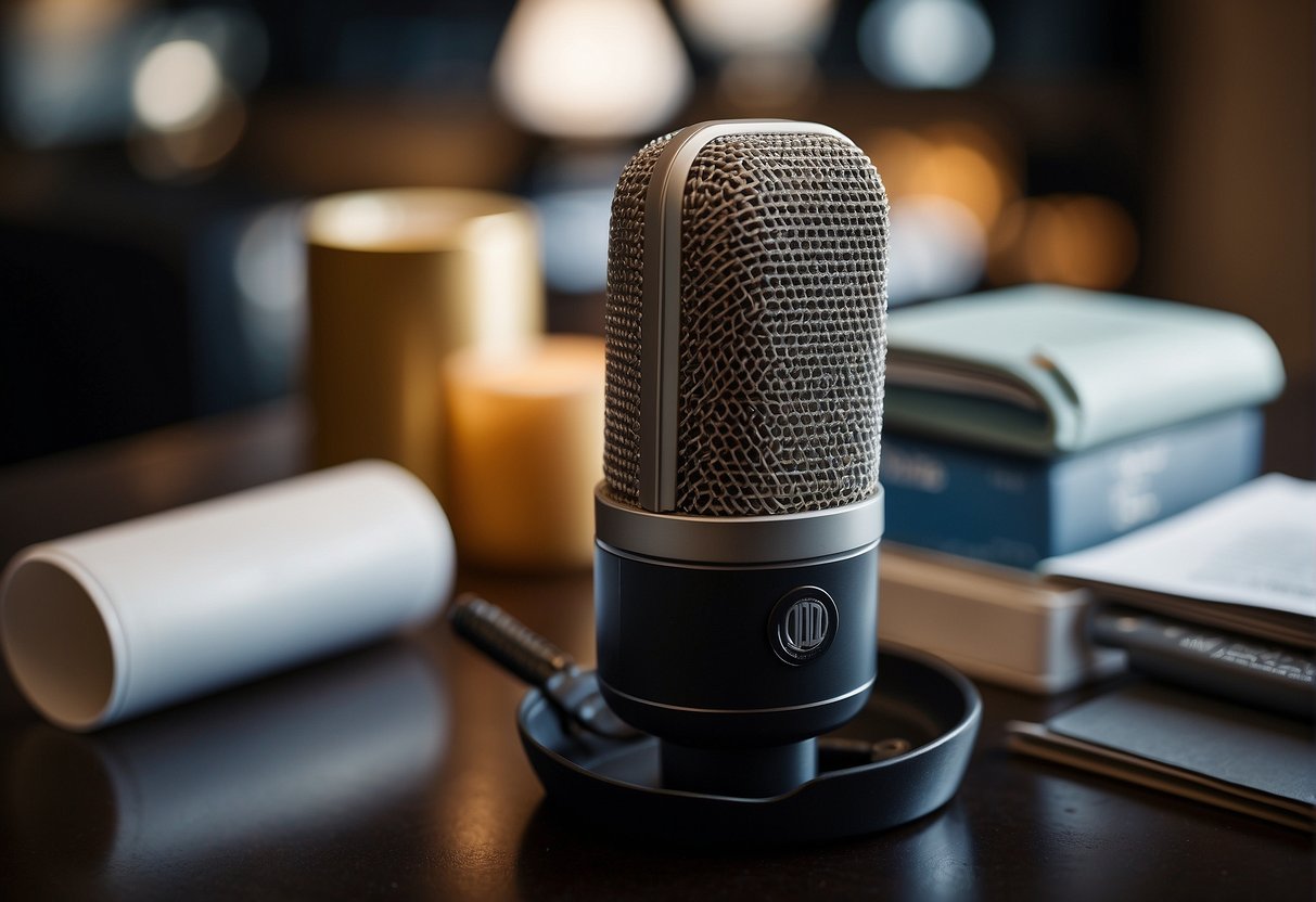 A microphone surrounded by promotional materials, with the words "Frequently Asked Questions" and "Audio House Promotions Singapore" displayed prominently