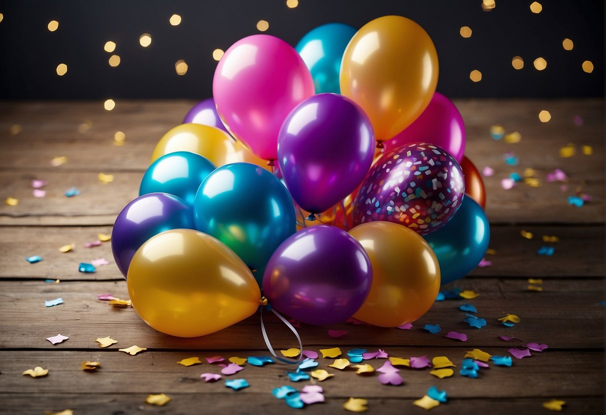 Colorful birthday balloons and confetti surround a stack of gift vouchers with "Exclusive Birthday Promotions" written on them