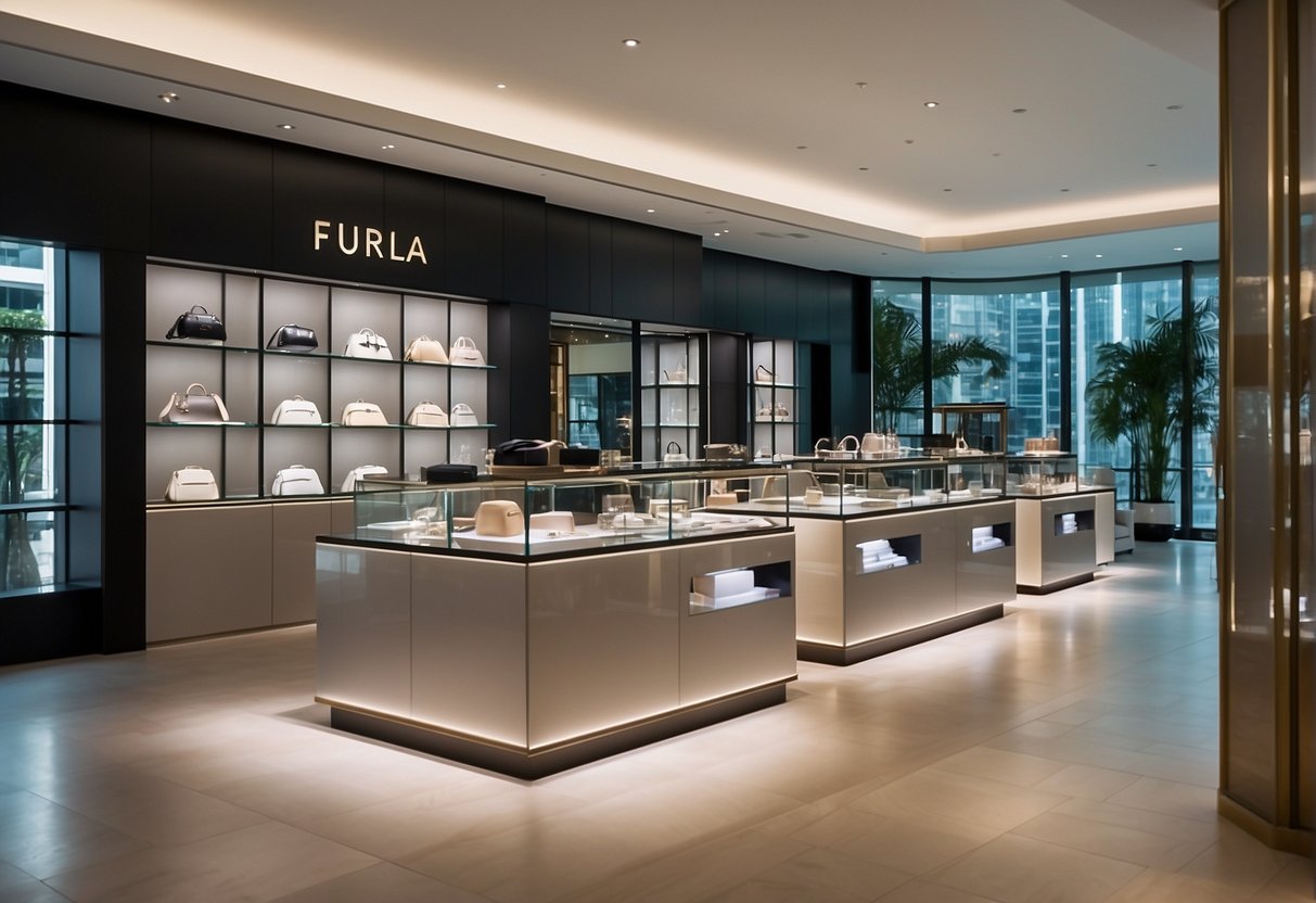 A luxurious Furla store with elegant displays and prominent "Exclusive Furla Promotions" signage in the bustling city of Singapore