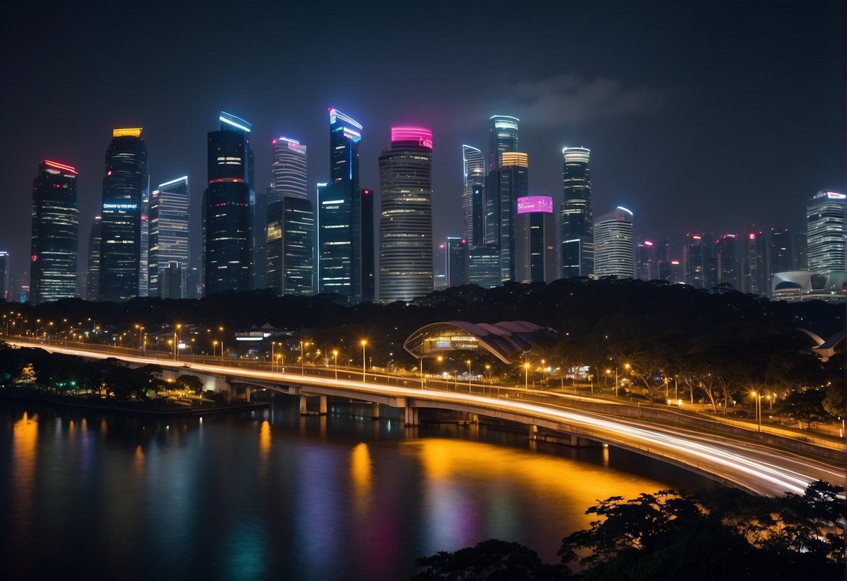 A bustling cityscape with glowing neon signs promoting electricity providers in Singapore. Skyscrapers and streetlights illuminate the scene, creating a vibrant and electrifying atmosphere