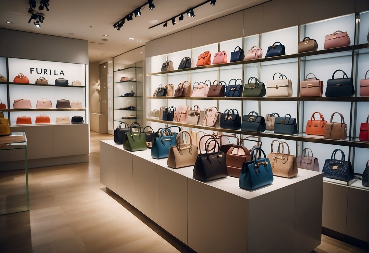 A display of Furla handbags and accessories with promotional signage in a stylish Singapore store