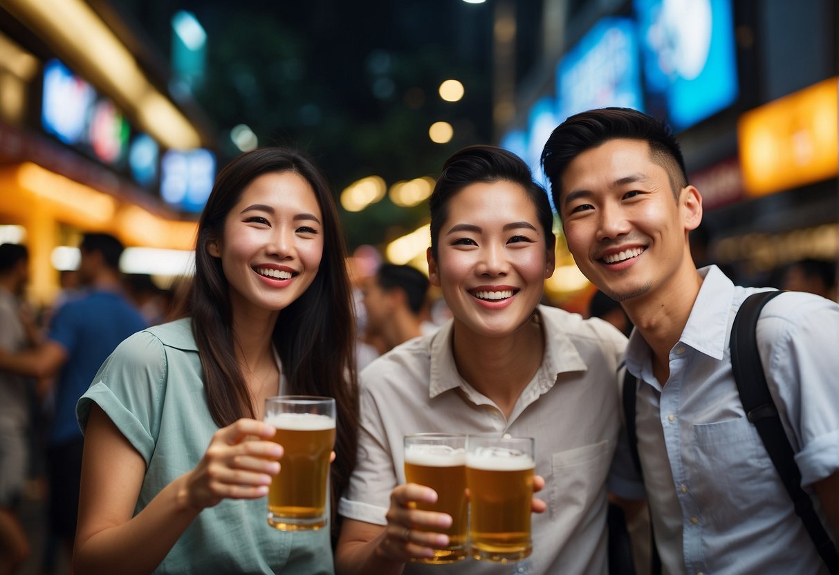 A group of happy people enjoying beer promotions in Singapore, surrounded by colorful banners and signs, with a lively and bustling atmosphere