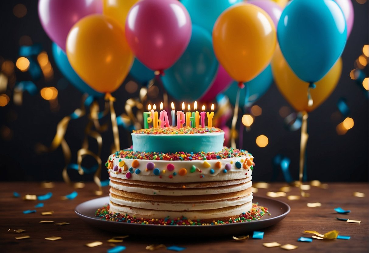 A brightly colored birthday cake surrounded by confetti and balloons, with a banner reading "Frequently Asked Questions birthday promotions Singapore."