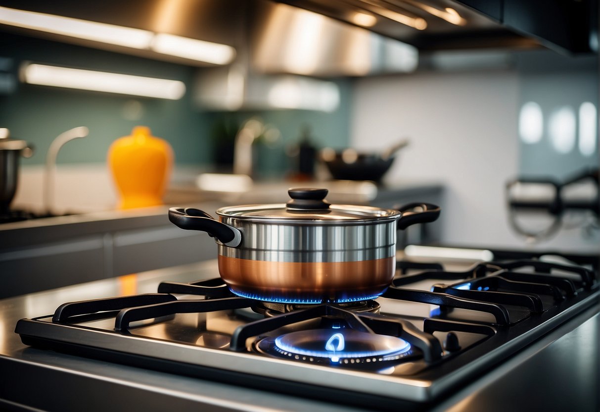 A gas hob with promotional signage in a modern kitchen setting in Singapore