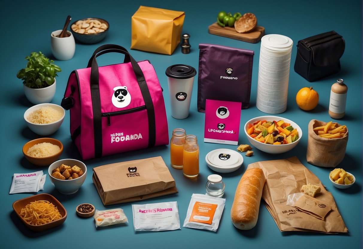 A colorful foodpanda delivery bag surrounded by various promotional items and logos, with a list of frequently asked questions displayed nearby