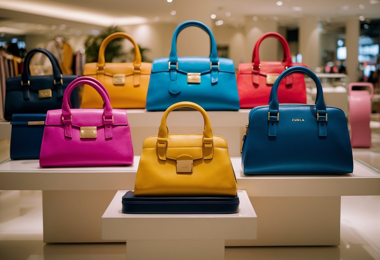 A colorful display of Furla products with promotional signage in a bustling Singapore retail store