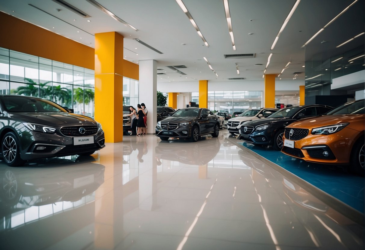 A bustling car showroom in Singapore showcases exciting tyre promotions, with colorful displays and enthusiastic staff engaging with customers