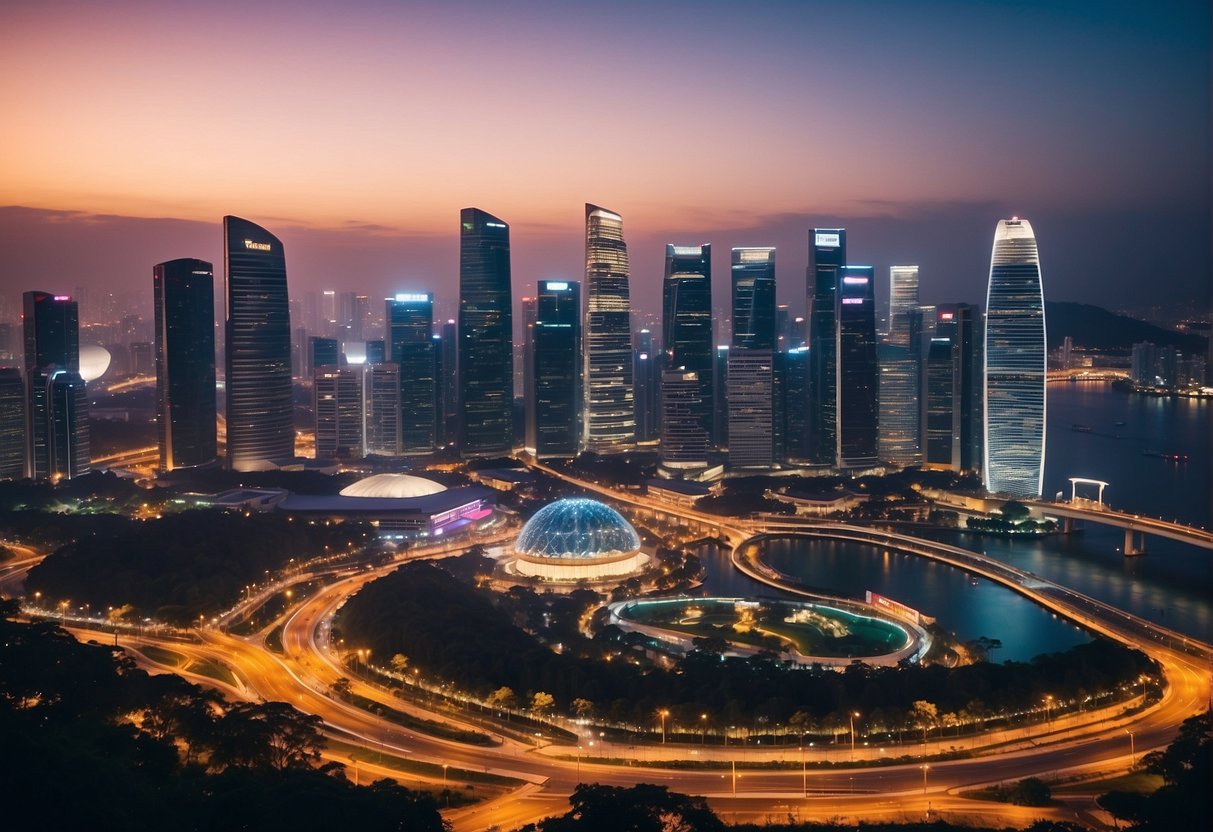 A brightly lit cityscape with various buildings and landmarks in Singapore, with prominent signs and advertisements for current electricity promotions from different providers