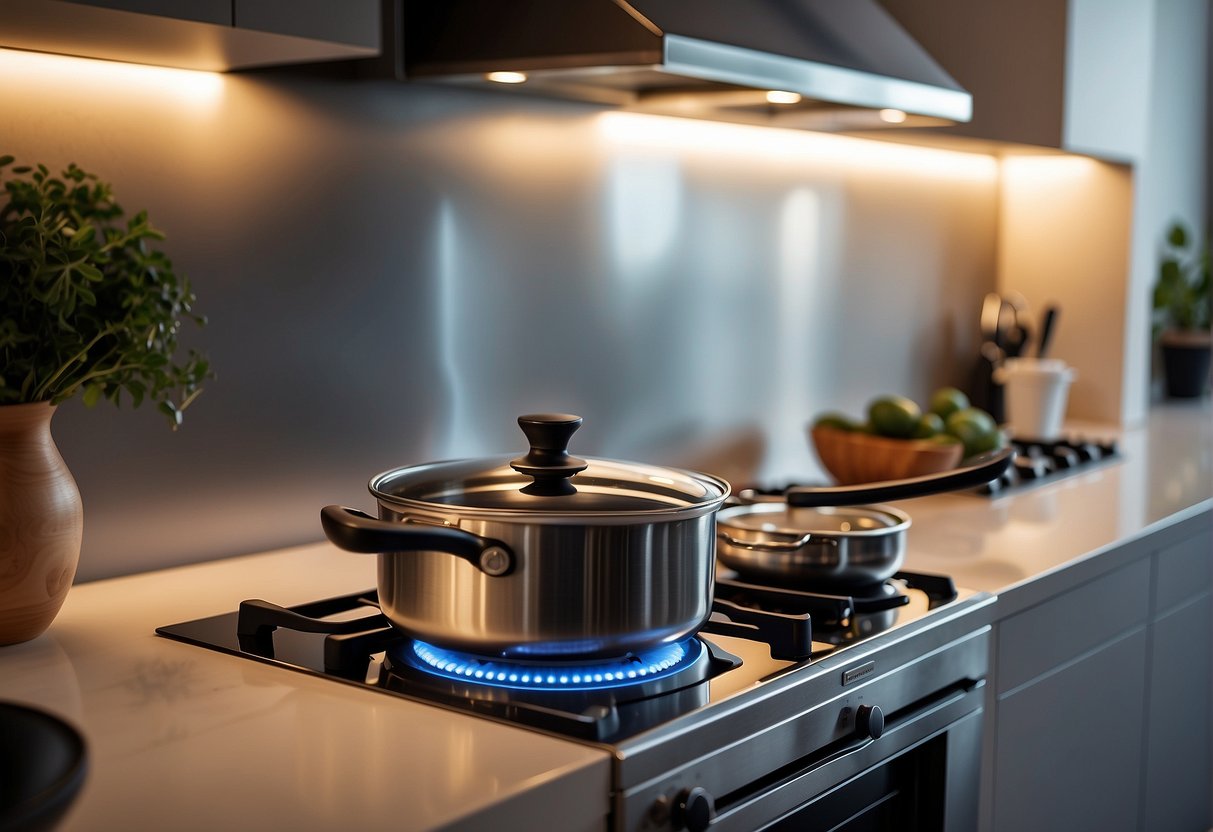 A sleek, modern gas hob sits atop a pristine kitchen counter, surrounded by stainless steel cookware and utensils. The soft glow of the overhead lights highlights the elegant design and advanced features of the hob
