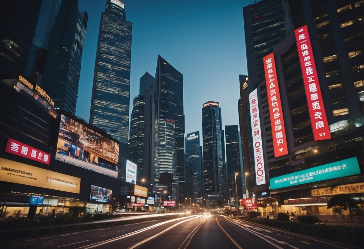 A bustling cityscape with skyscrapers and billboards, featuring the words "Frequently Asked Questions electricity provider promotions Singapore" prominently displayed