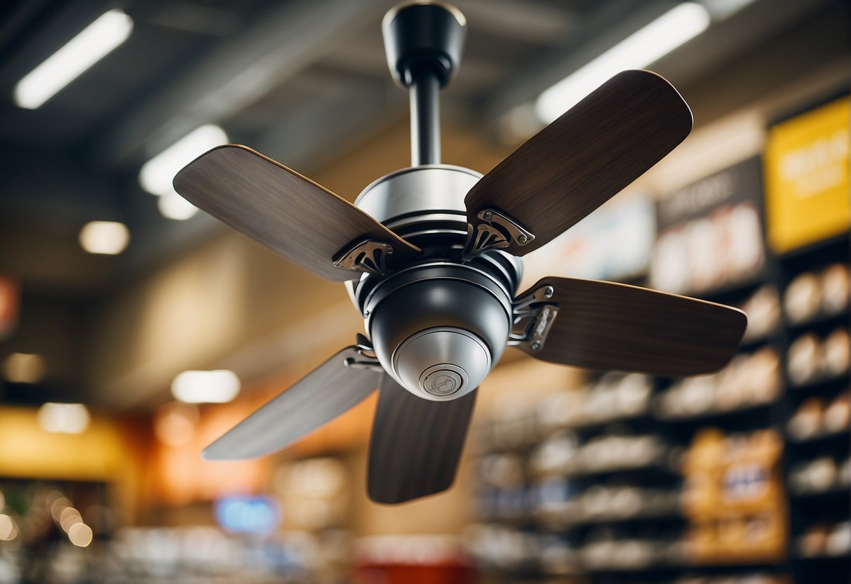 A ceiling fan spins above a promotional display in a Singaporean store