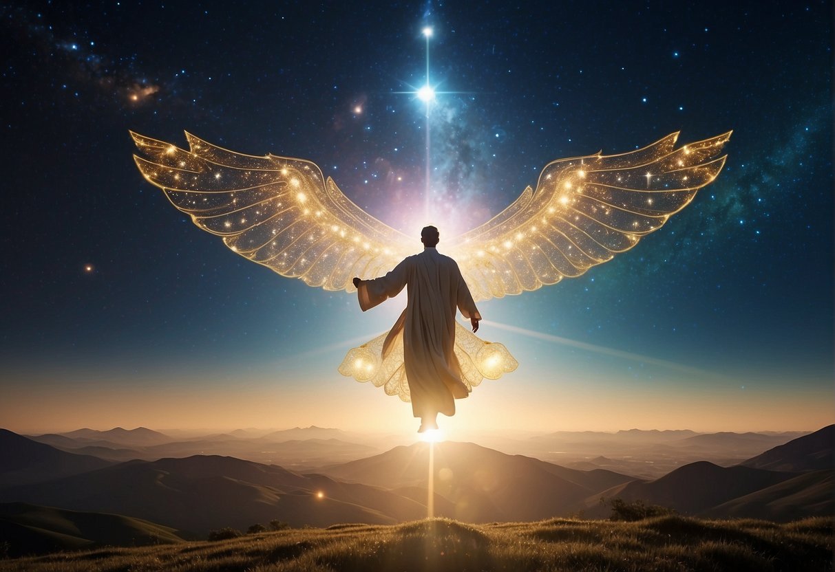 A glowing, celestial figure hovers above a peaceful landscape, surrounded by symbolic elements of protection and guidance
