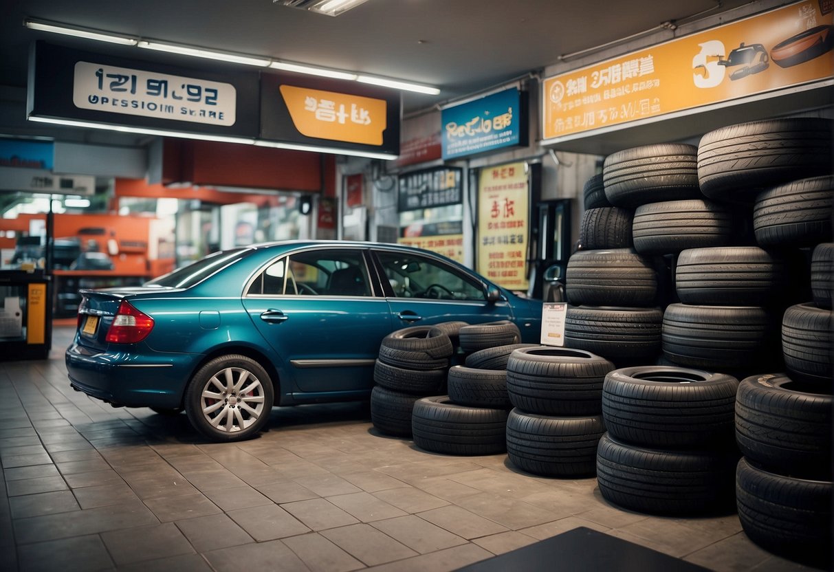 A car parked in front of a tire shop with a large sign advertising "Best Deals on Car Tyre Promotions in Singapore." The shop is busy with customers and there are stacks of tires on display outside