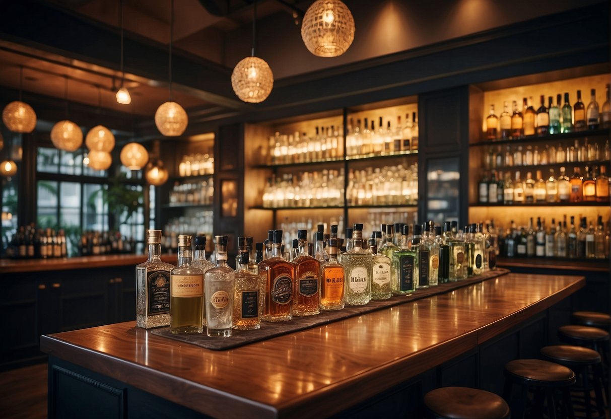 A bustling bar in Singapore showcases various gin promotions with colorful and enticing displays. The bar is filled with excitement as customers sample different gin options