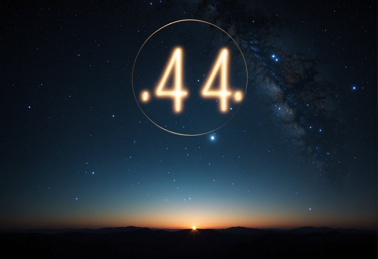 A glowing halo of light surrounds the numbers "443" in the night sky, with celestial symbols and energy radiating from them