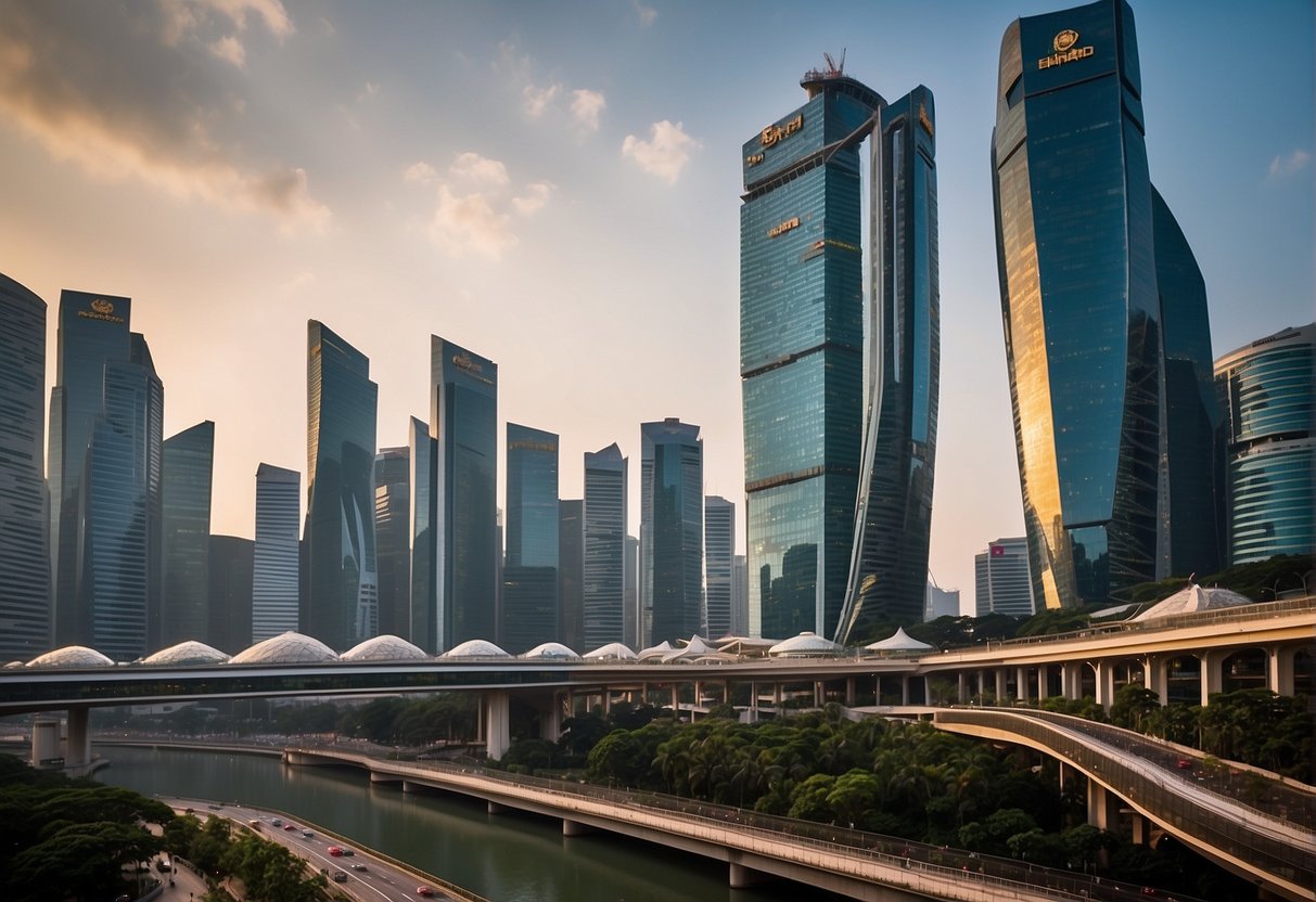A vibrant cityscape of Singapore with prominent Etihad Airways branding on billboards and screens, showcasing their promotions and services