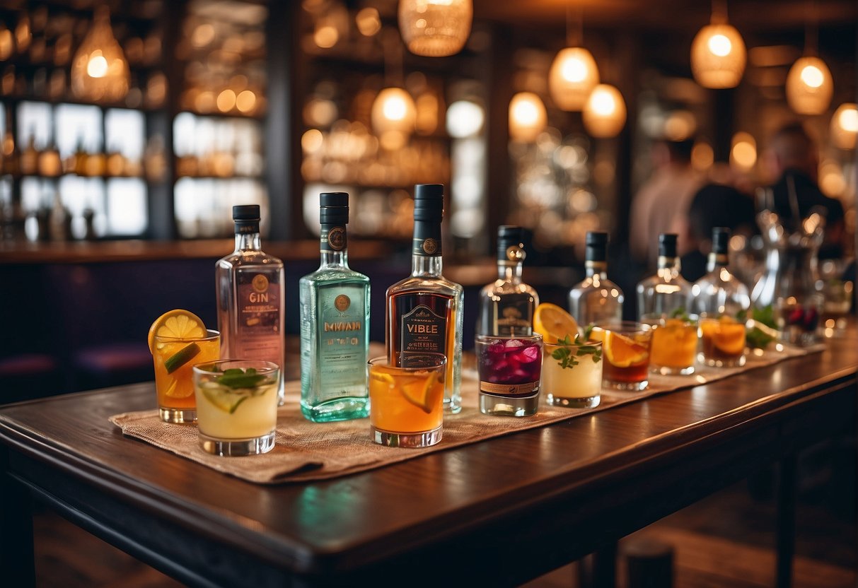 People enjoying gin tastings at various bars, with colorful promotional banners and creative displays