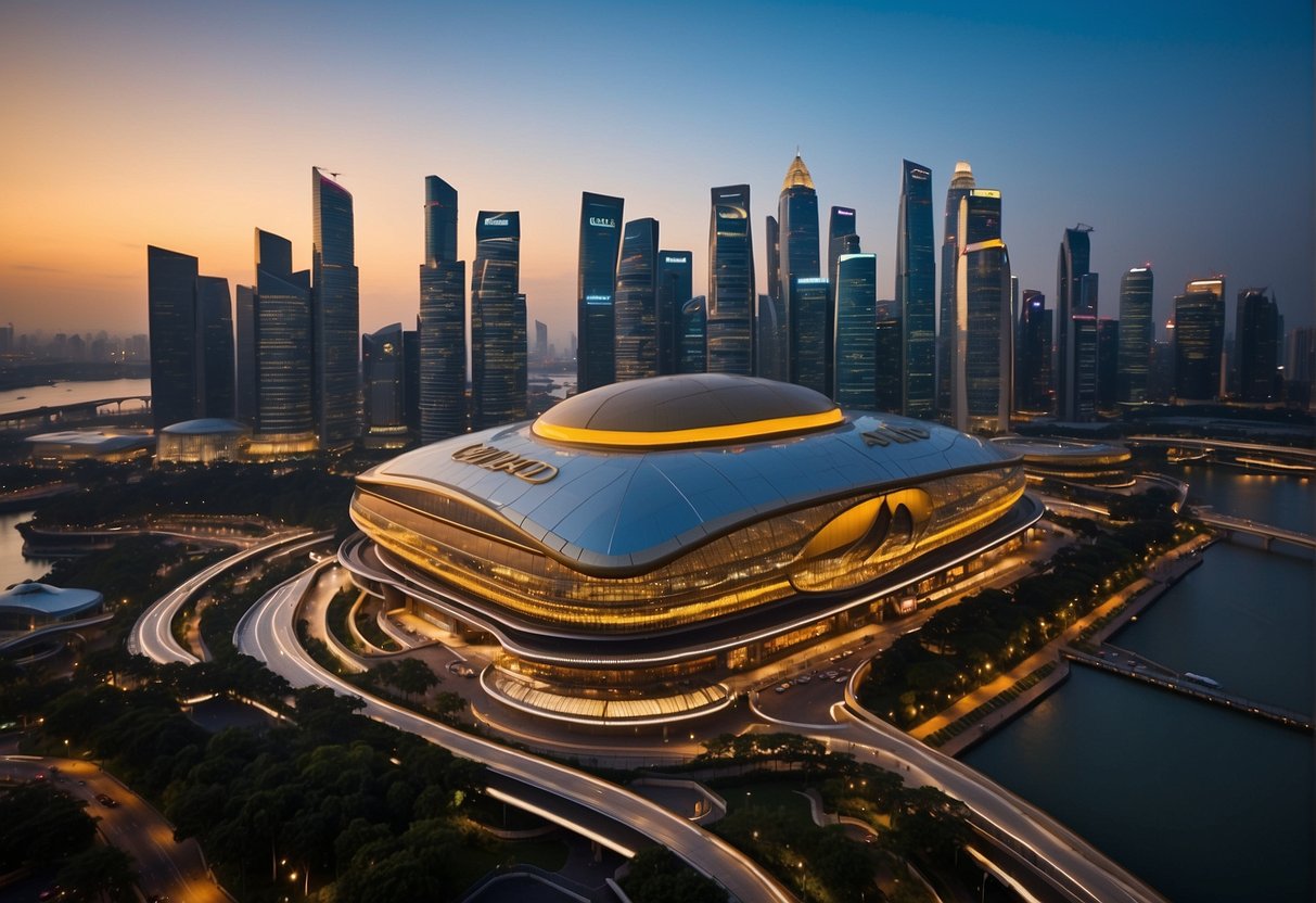 A vibrant city skyline with the iconic Etihad Airways logo prominently displayed, surrounded by promotional banners and advertisements in Singapore