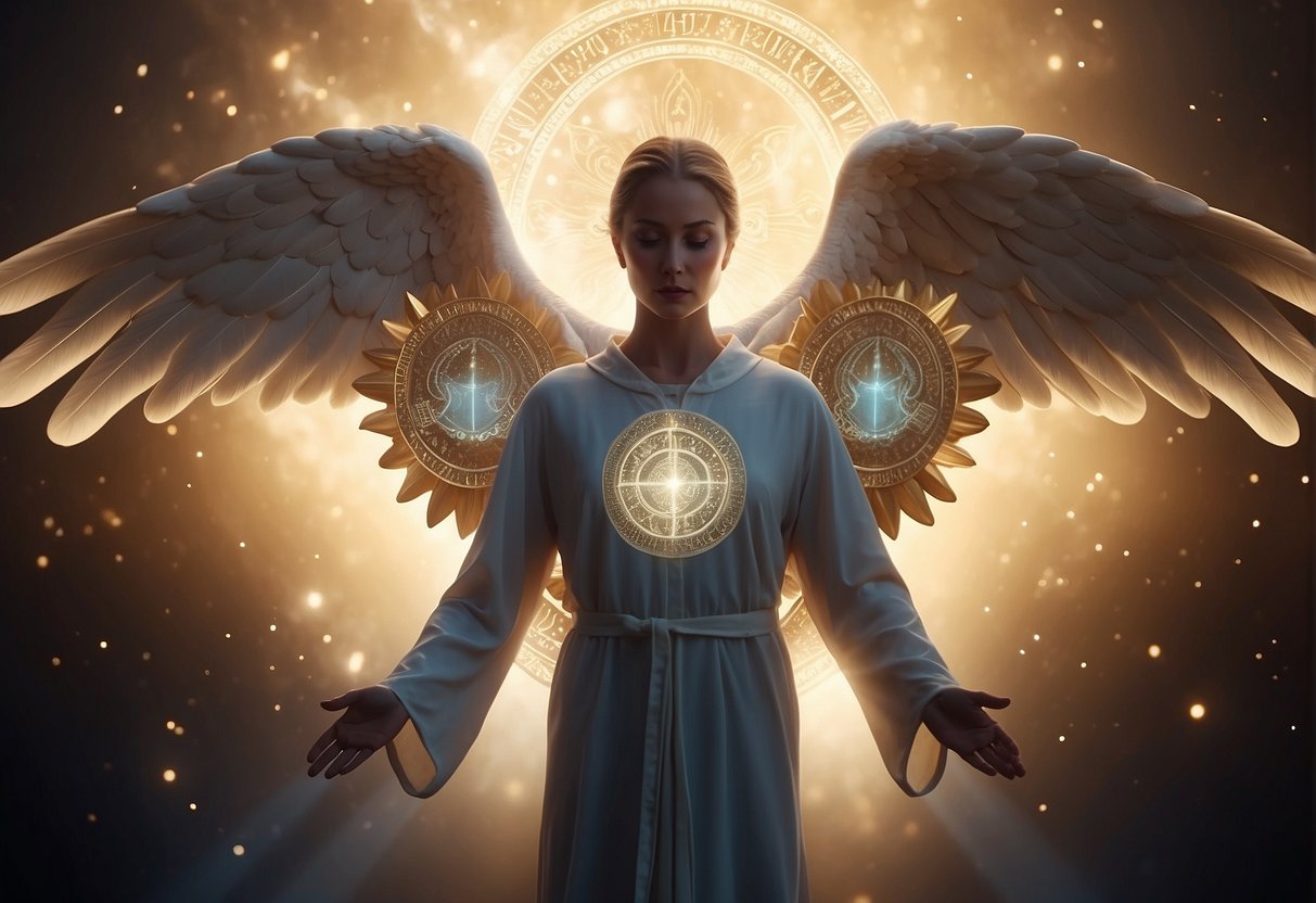 A glowing angelic figure hovers over a person, surrounded by symbols of protection, guidance, and spiritual awakening. The number 443 is prominently displayed, radiating a sense of divine communication and enlightenment