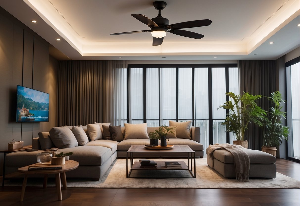 A modern living room with sleek, energy-efficient ceiling fans in Singapore. Promotional banners and discounts displayed