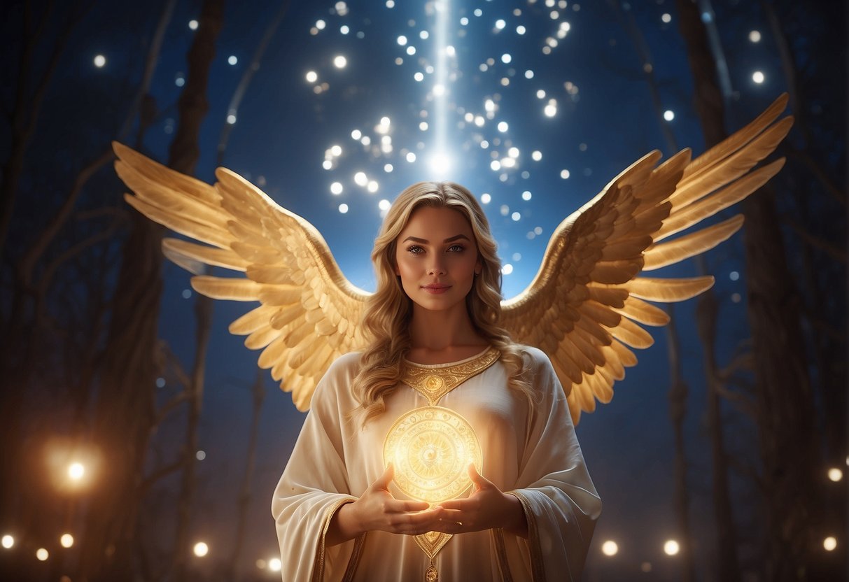 A glowing angelic figure stands before a person, emanating light and wisdom, surrounded by celestial symbols and a sense of divine presence