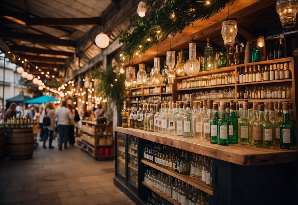 A bustling market stall displays an array of gin bottles with colorful labels. Customers eagerly sample and purchase bottles while a vendor offers gift-wrapping services. A festive atmosphere fills the air