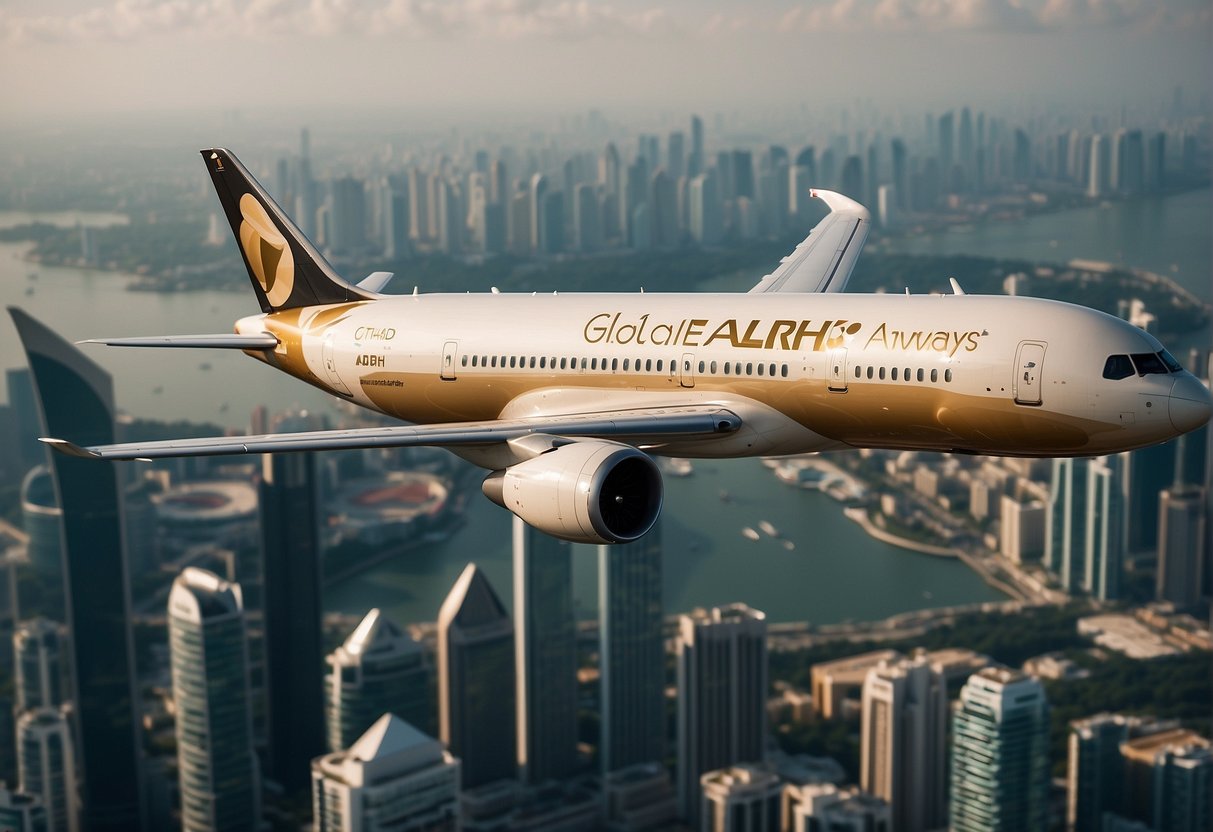 A plane with Etihad Airways logo flying over Singapore skyline with "Global Deals and Discounts" banner