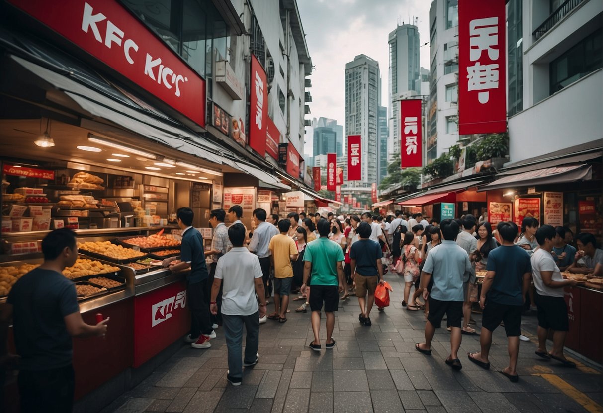 A bustling street in Singapore with a vibrant KFC storefront adorned with colorful promotional banners and a queue of eager customers