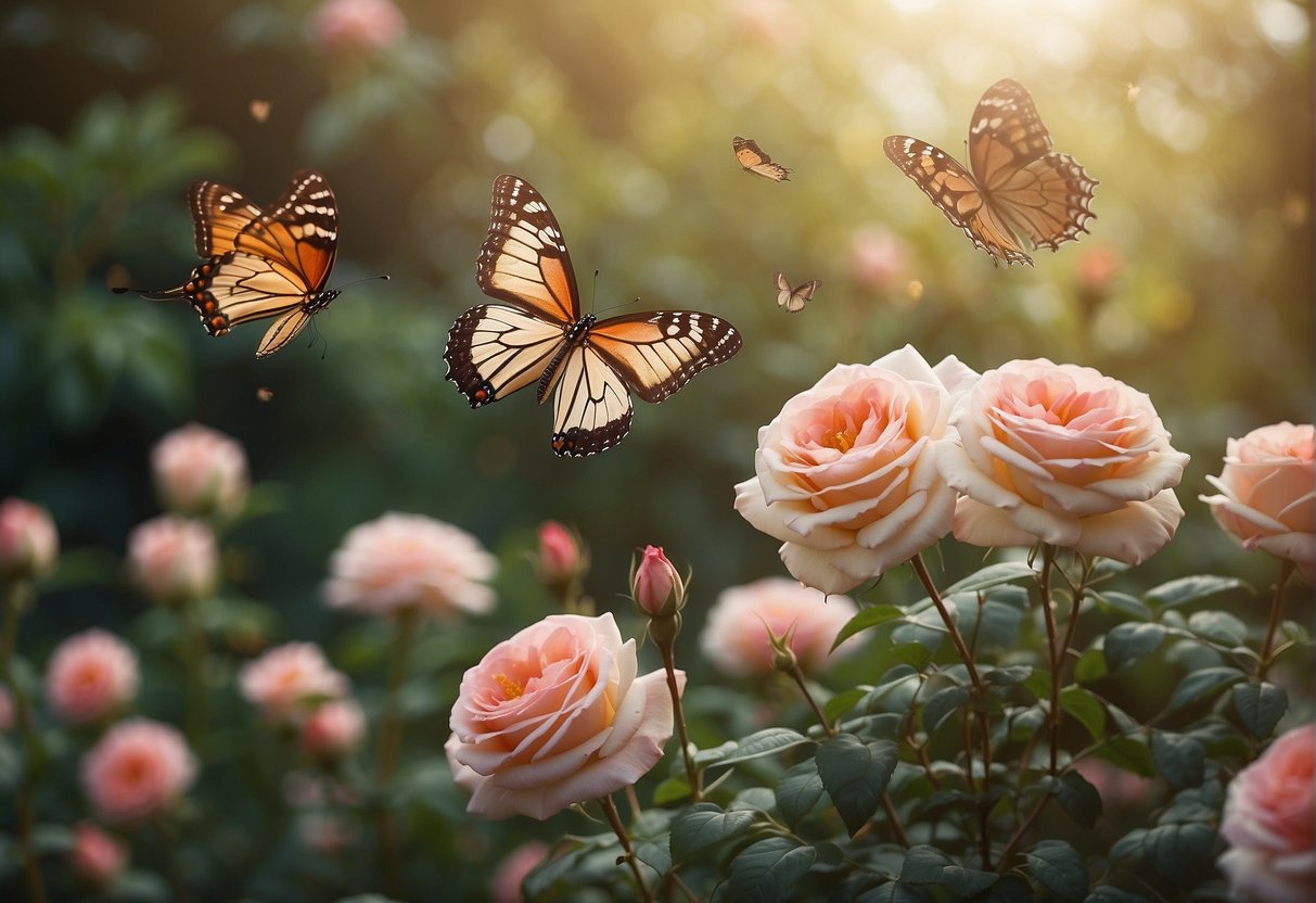 A serene garden with three blooming roses, four fluttering butterflies, and three singing birds, all surrounded by the number 443 subtly woven into the scenery