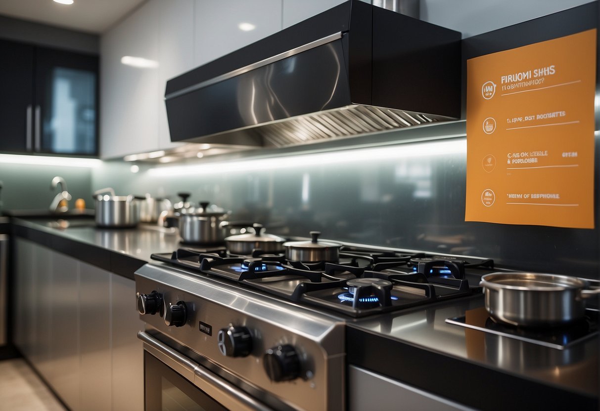 A gas hob with promotional signs in a Singaporean kitchen showroom