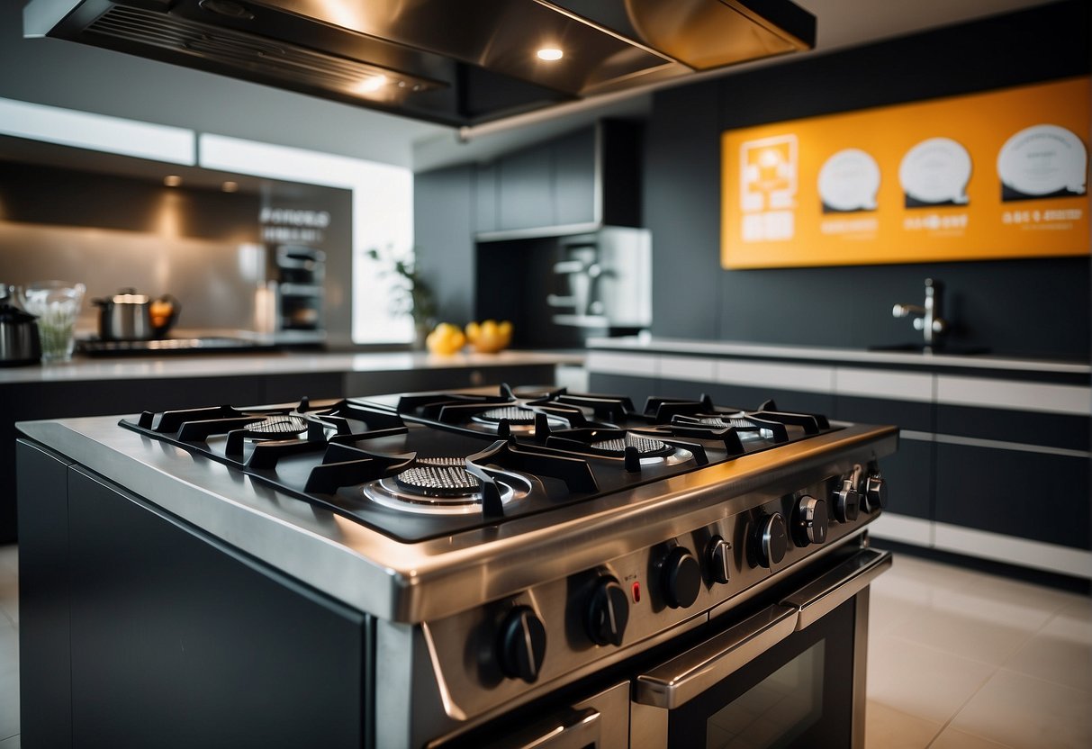 A gas stove displayed with promotional banners in a modern kitchen showroom in Singapore