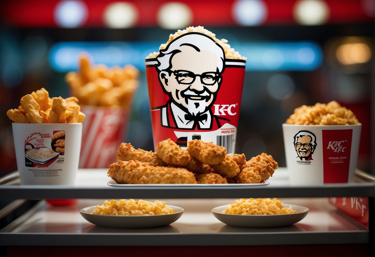 A colorful display of KFC promotional materials, featuring mouth-watering food images and enticing offers